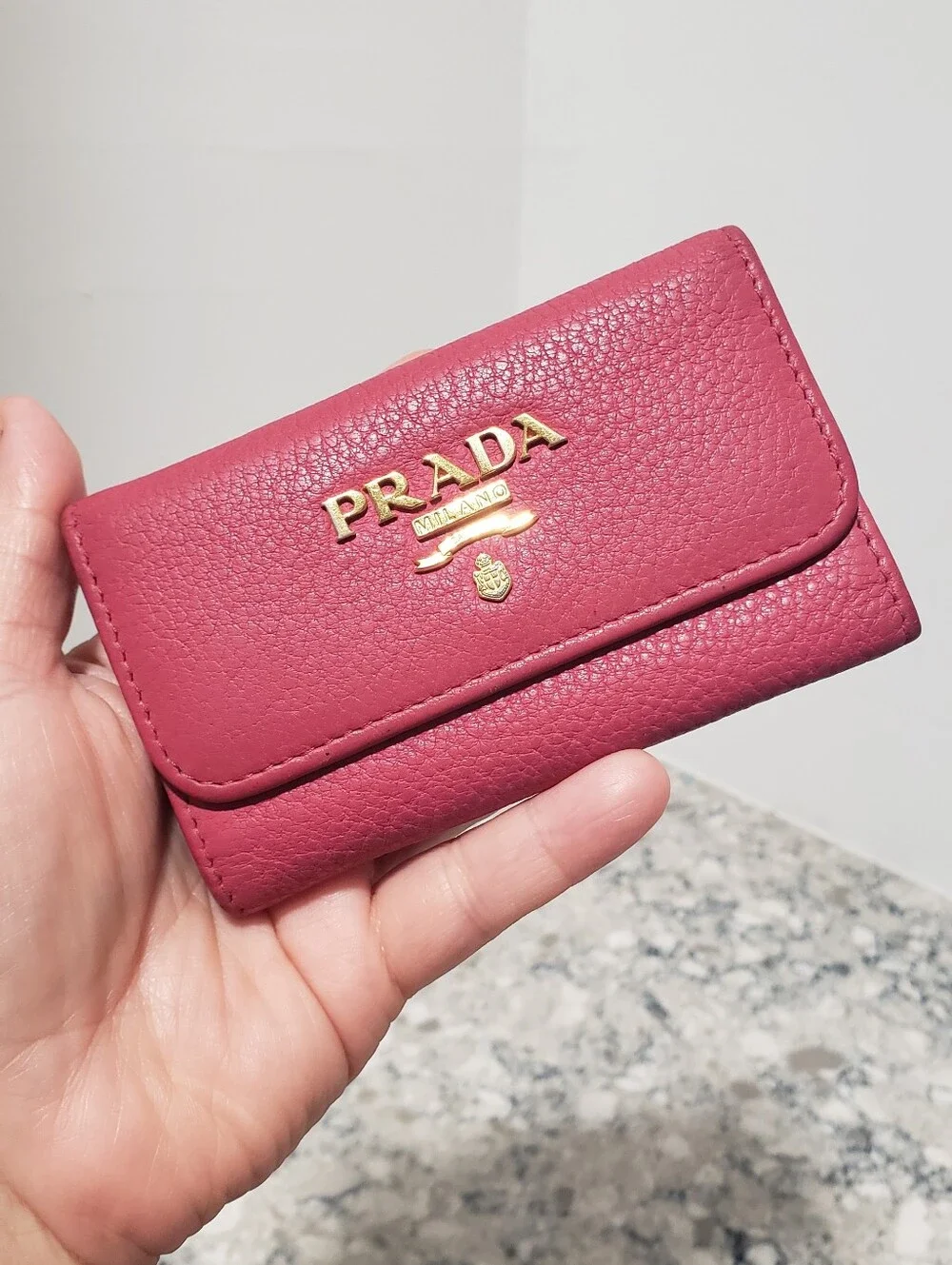 Prada Pink Pebbled Leather 6 Key Ring Card Case Holder